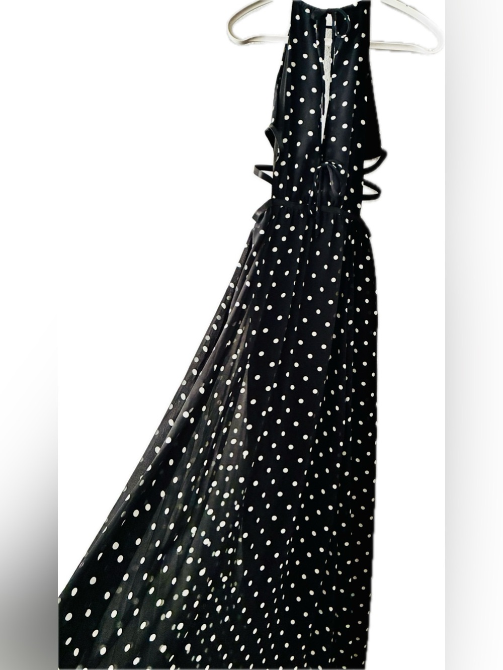 Fashion Nova M Black and White Poly Polka Dot Tie Back Cutout Maxi Flowy Dress